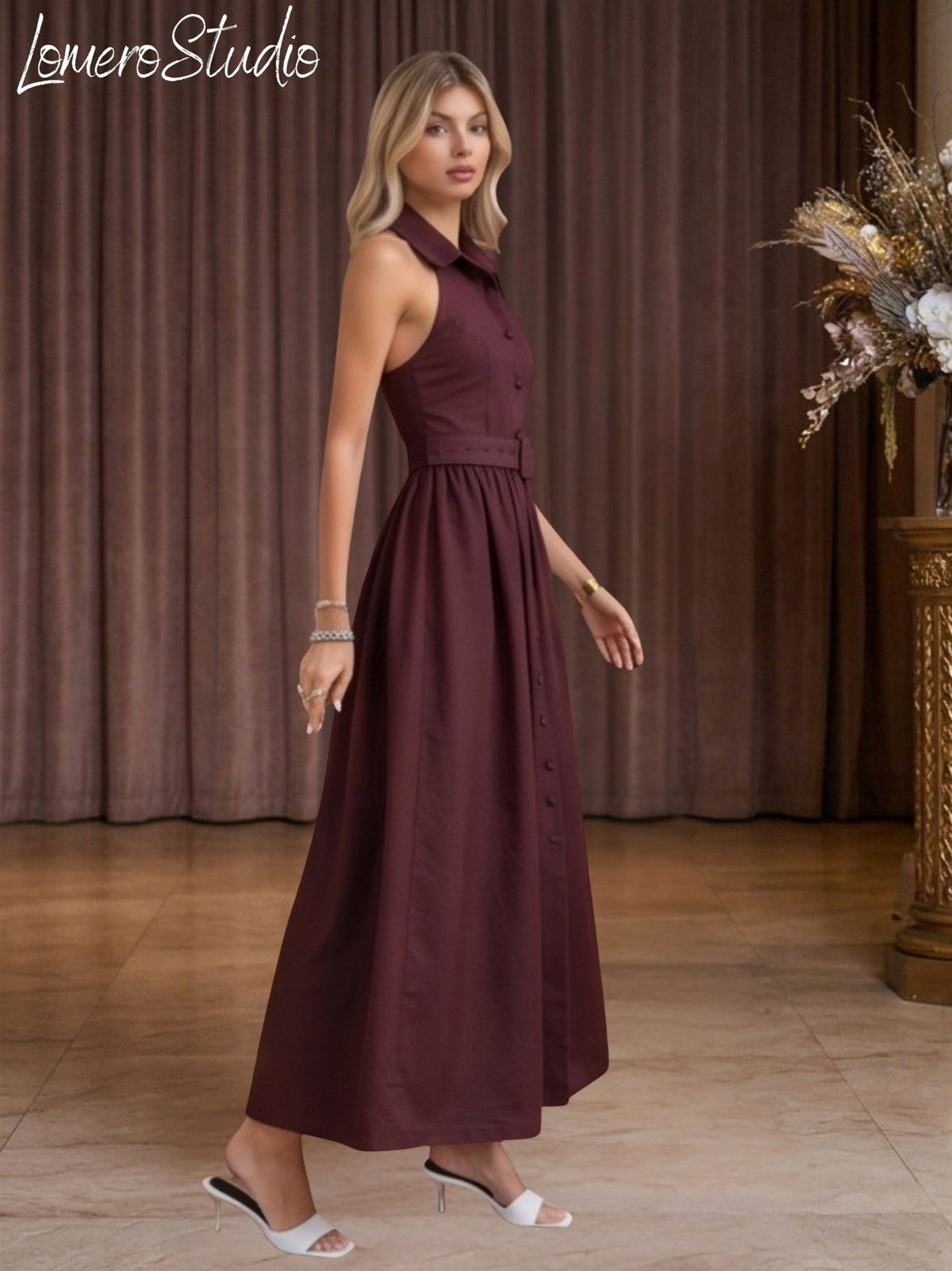 Trendy Sleeveless A-Line Dress for Women | Stylish Collared Belted Midi Dress, Casual Outfit
