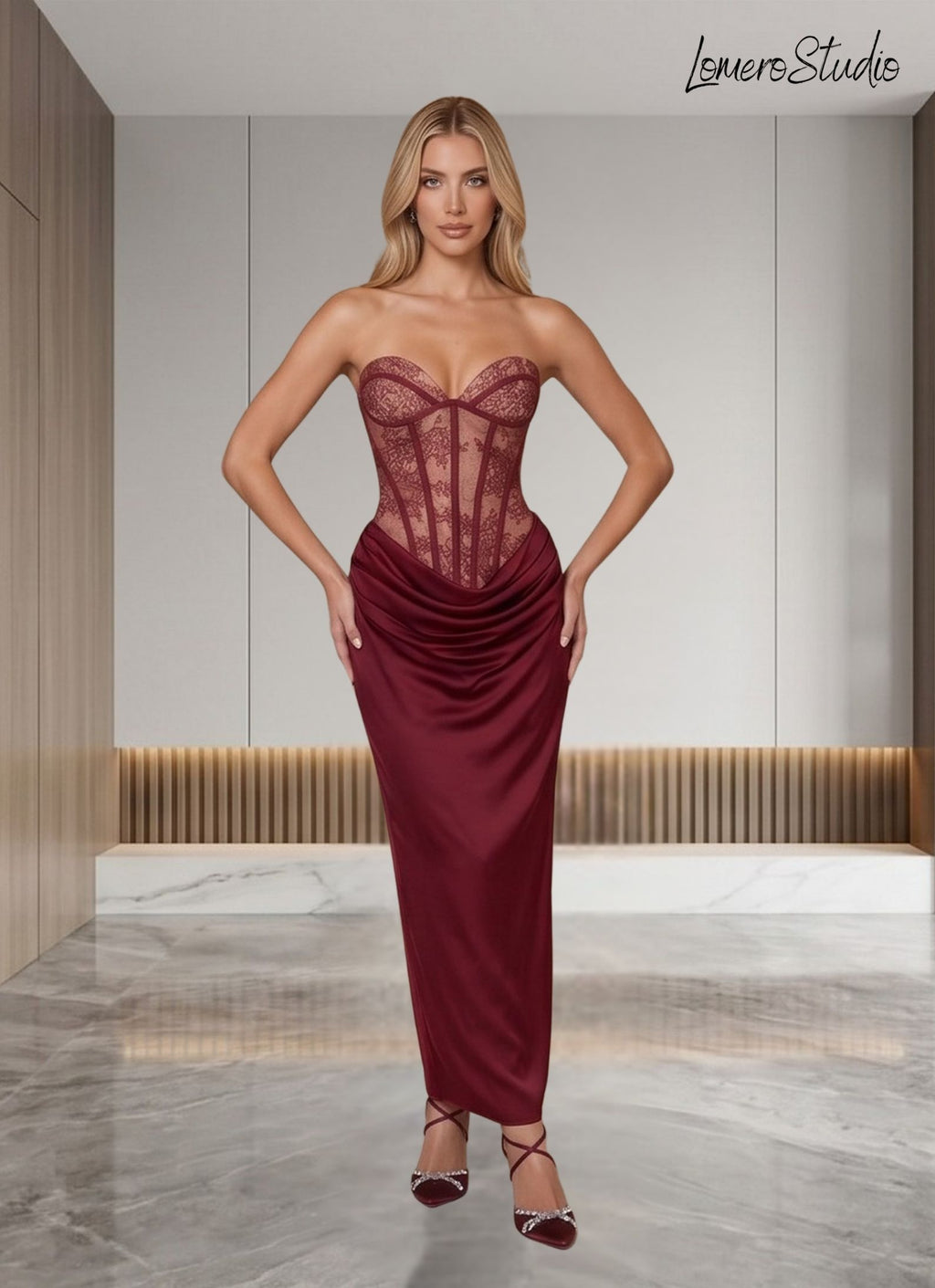 Sleeveless Lace Corset Maxi Dress, Ruched Elegant Party Dress, Sexy Bodycon Prom Dress