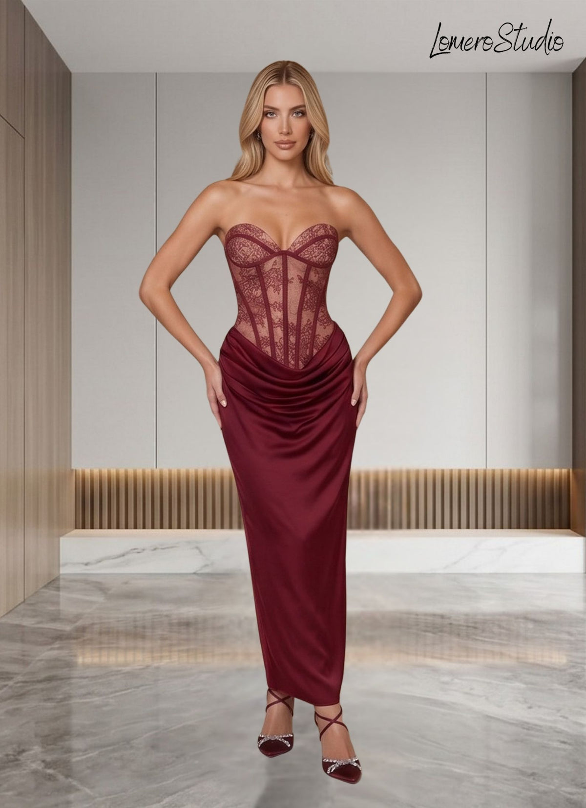 Sleeveless Lace Corset Maxi Dress, Ruched Elegant Party Dress, Sexy Bodycon Prom Dress