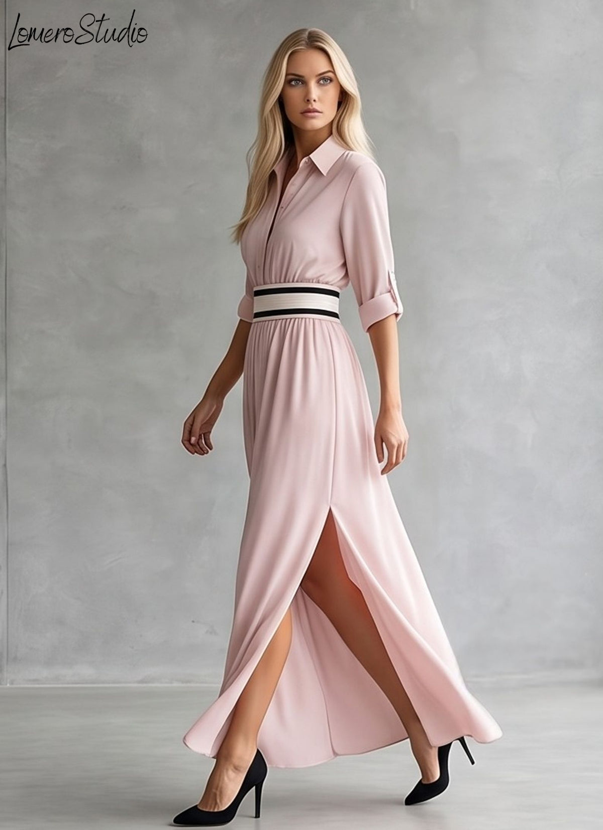 Trendy Color Block Maxi Dress, Elegant Collared Long Dress with Pockets