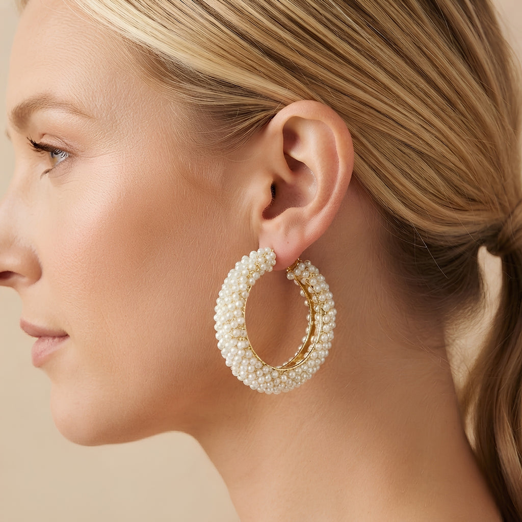 Pearl Encrusted Open Hoop Earrings, Thick Curved Silhouette | Clustered Texture