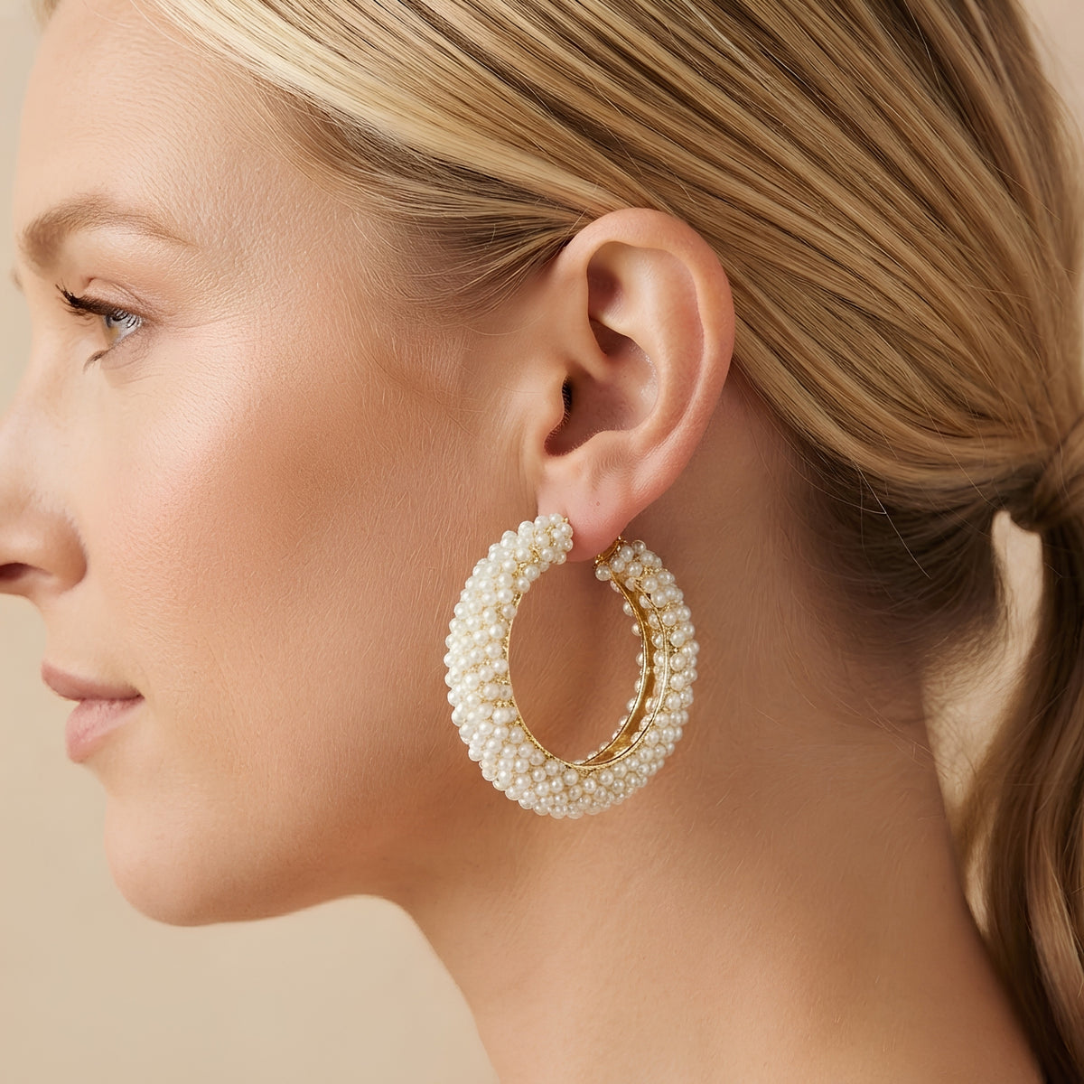 Pearl Encrusted Open Hoop Earrings, Thick Curved Silhouette | Clustered Texture