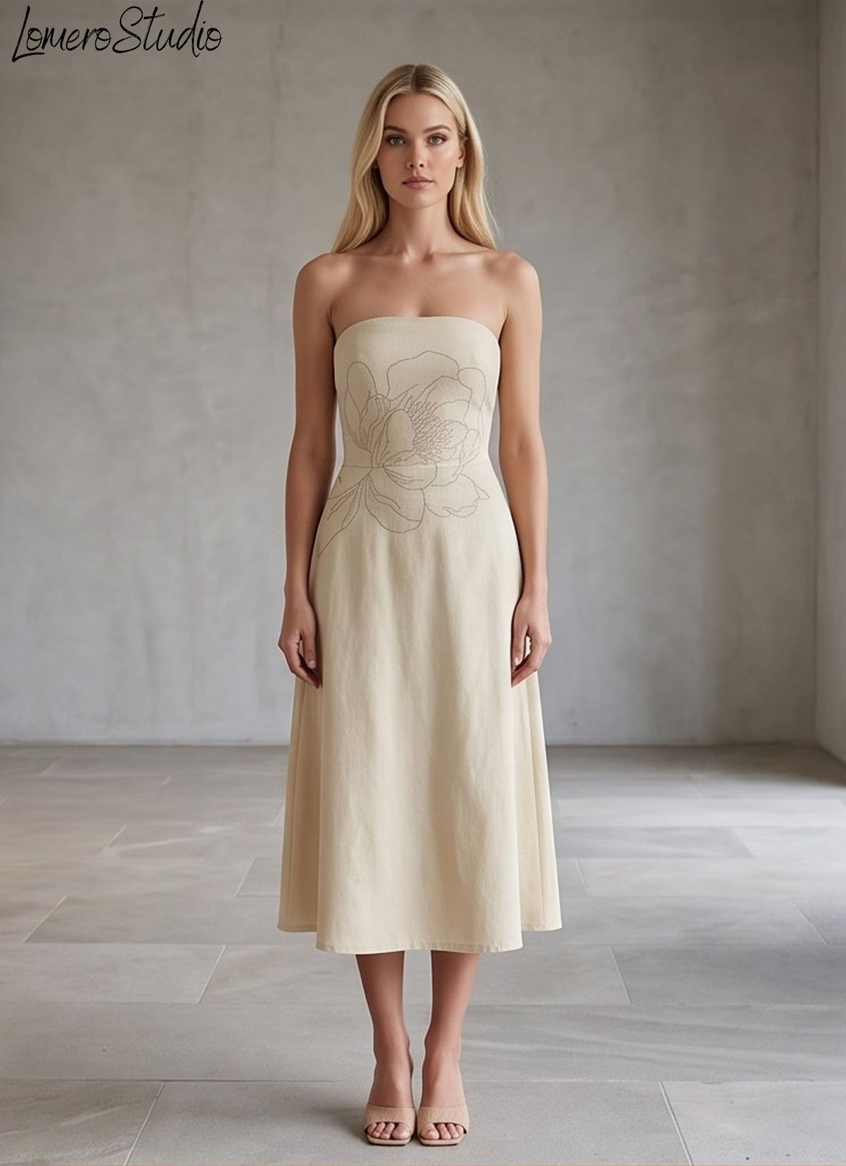 Strapless Linen Dress with Floral Lining, Breathable Midi for Summer Brunch