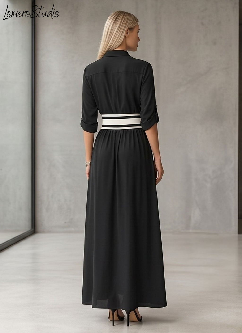 Trendy Color Block Maxi Dress, Elegant Collared Long Dress with Pockets