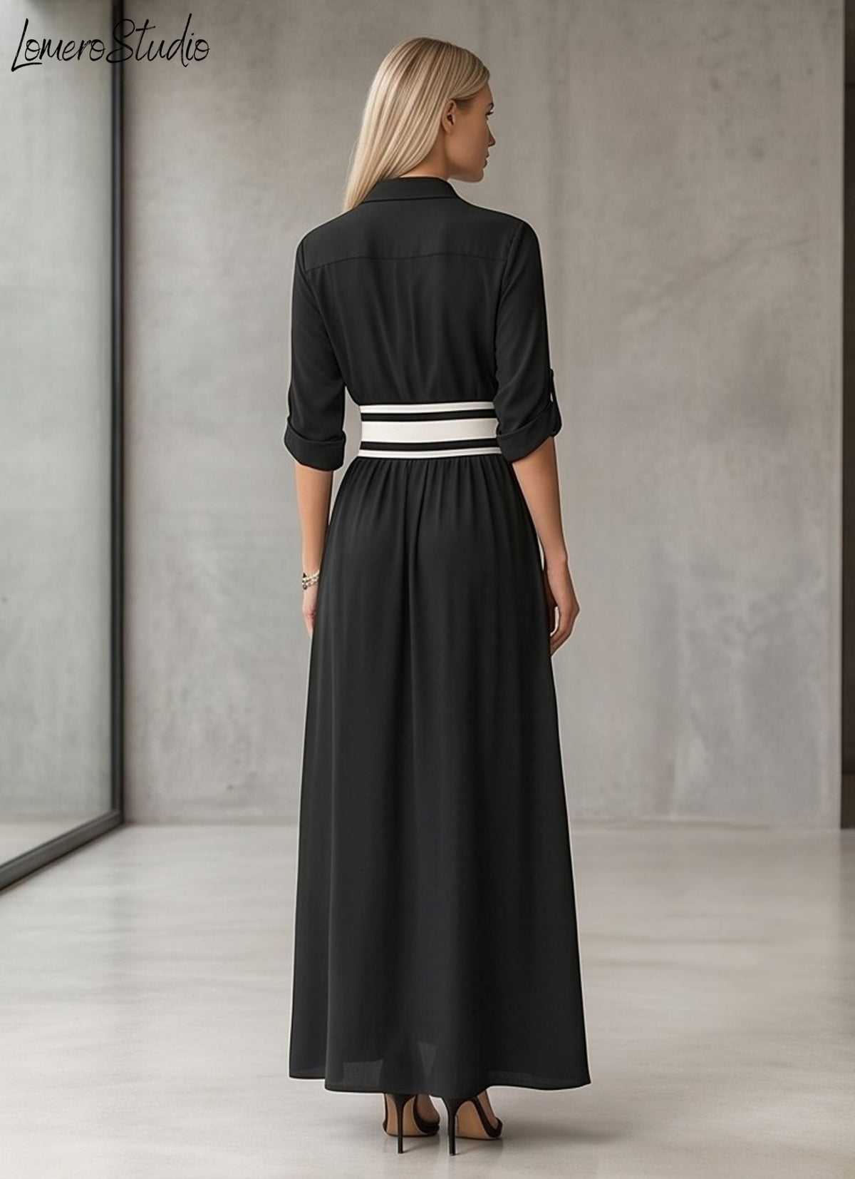 Trendy Color Block Maxi Dress, Elegant Collared Long Dress with Pockets