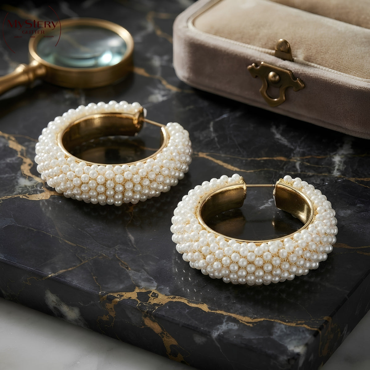 Pearl Encrusted Open Hoop Earrings, Thick Curved Silhouette | Clustered Texture