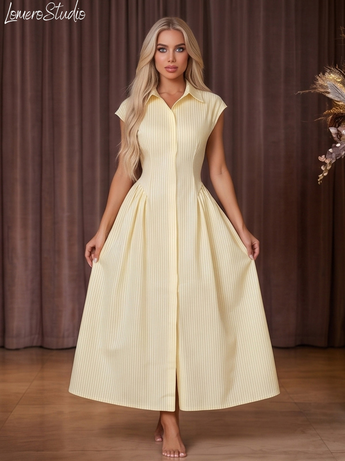 Trendy Cap Sleeve Maxi Dress for Women, Ruched Waist Collared Summer Dress, Casual Outfit