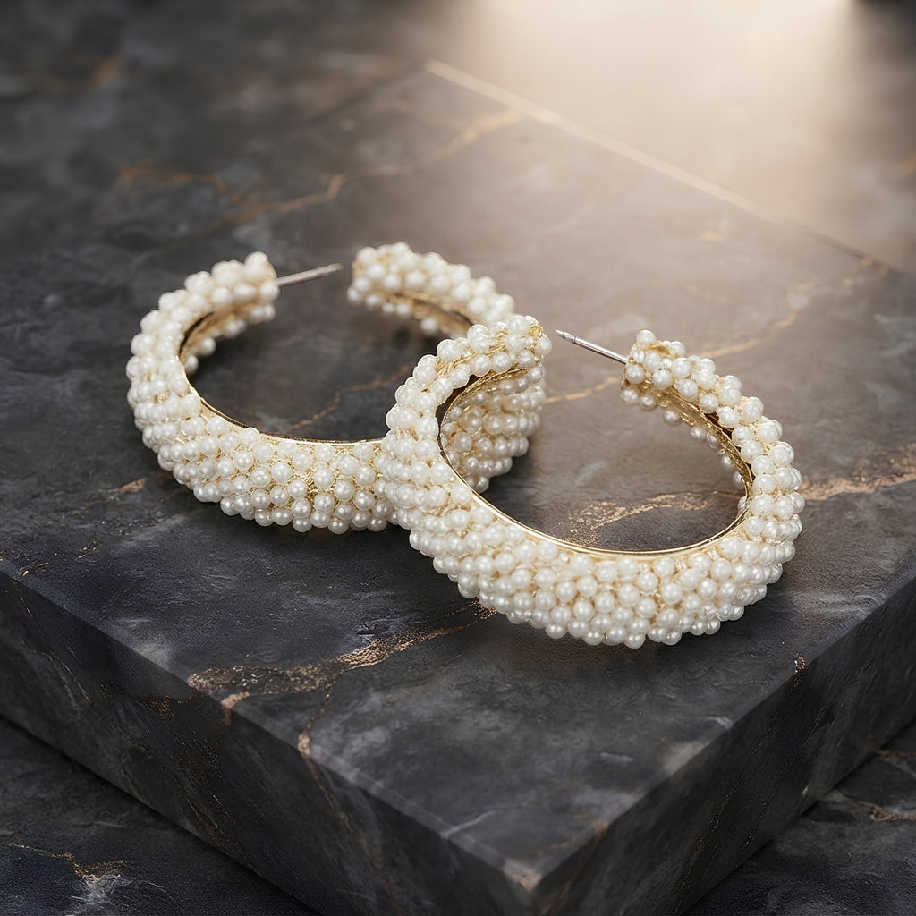 Pearl Encrusted Open Hoop Earrings, Thick Curved Silhouette | Clustered Texture