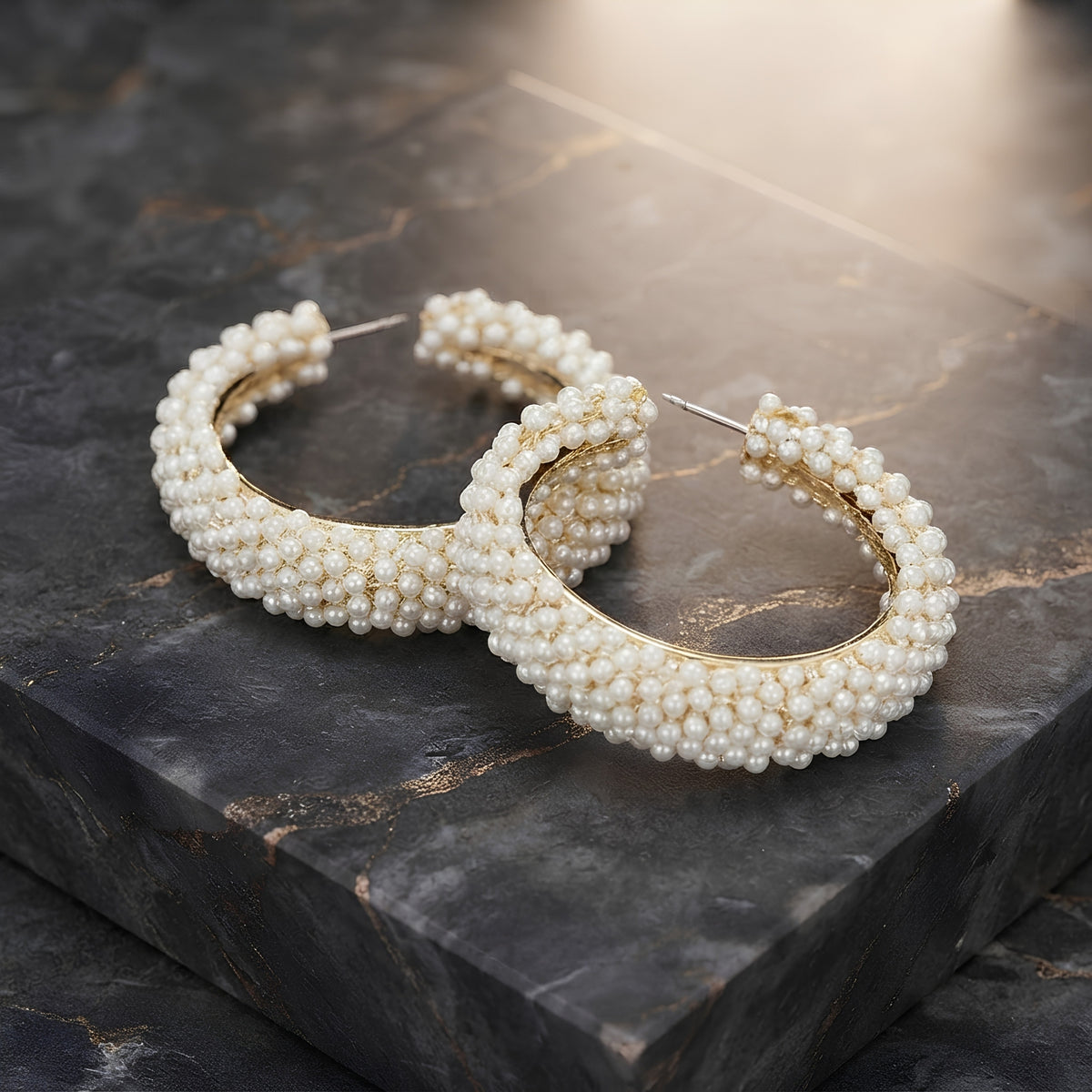 Pearl Encrusted Open Hoop Earrings, Thick Curved Silhouette | Clustered Texture