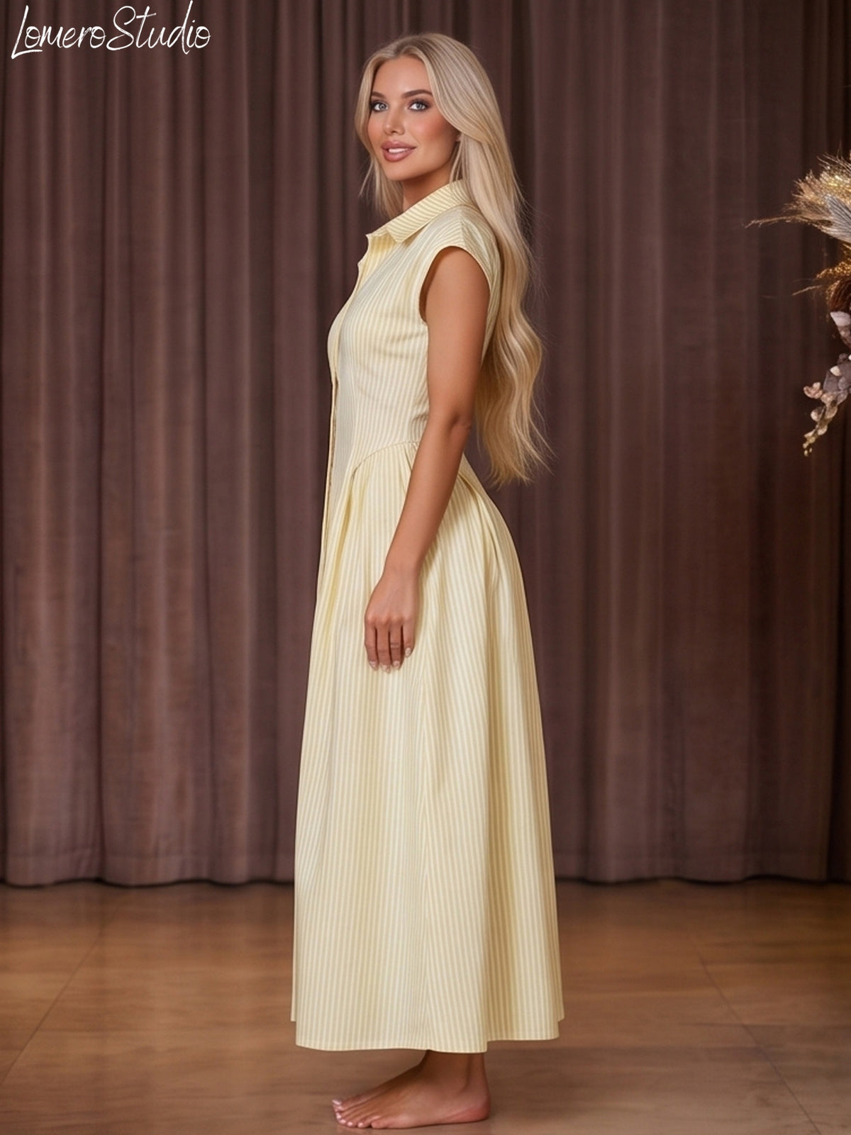 Trendy Cap Sleeve Maxi Dress for Women, Ruched Waist Collared Summer Dress, Casual Outfit