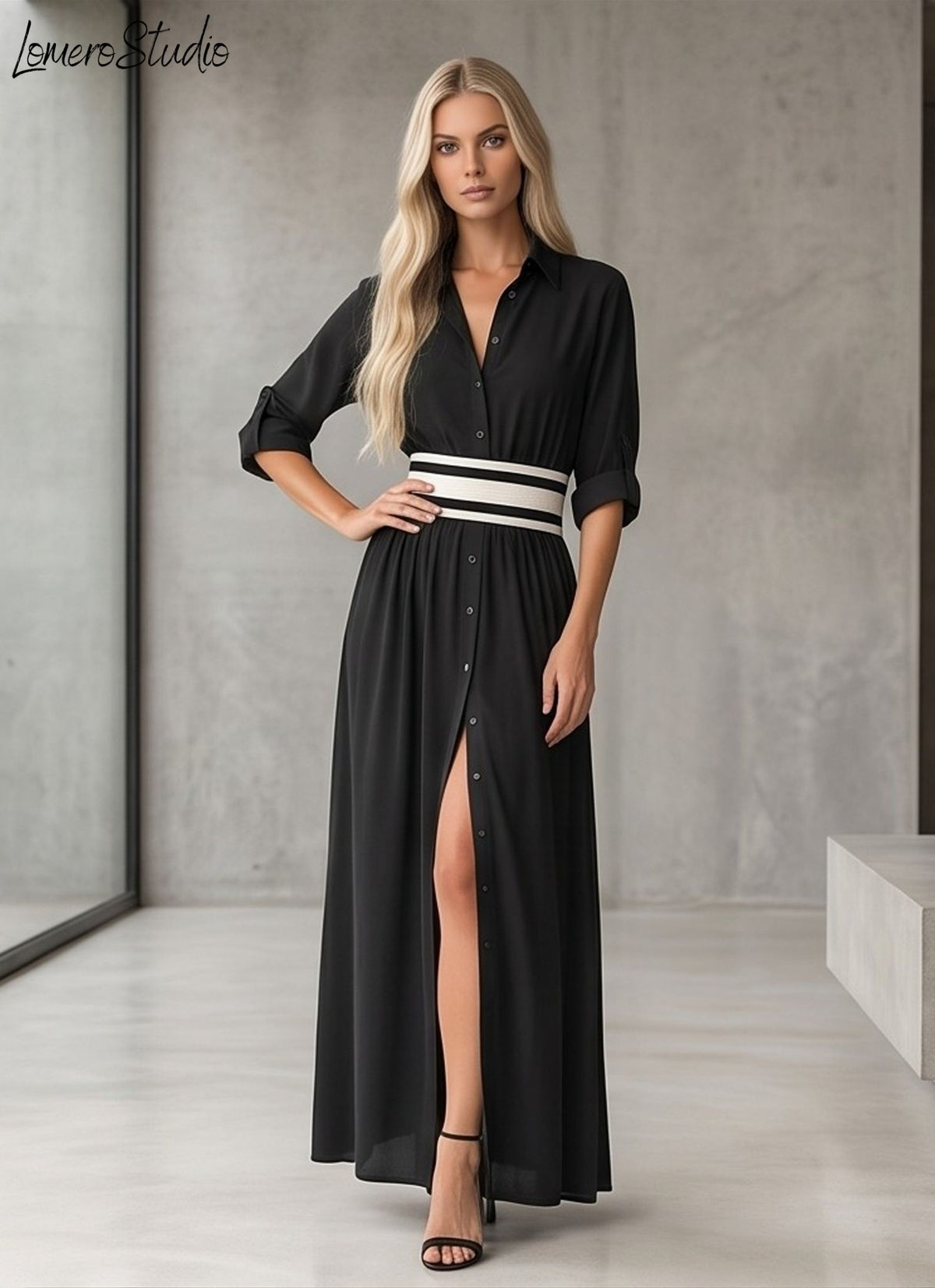 Trendy Color Block Maxi Dress, Elegant Collared Long Dress with Pockets