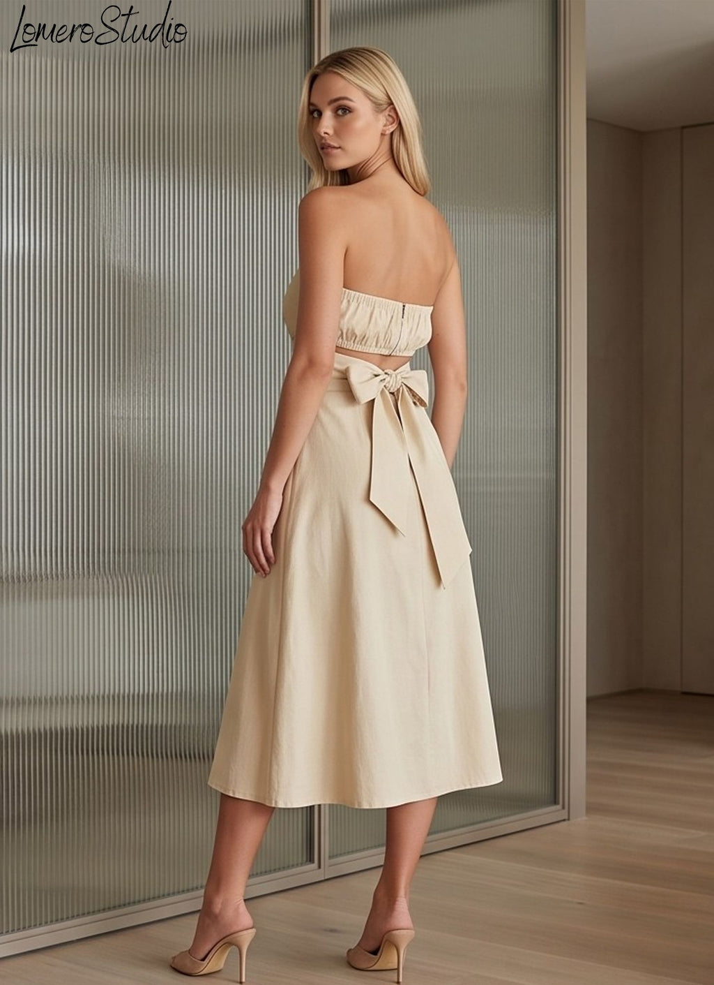 Strapless Linen Dress with Floral Lining, Breathable Midi for Summer Brunch