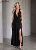 Sexy Summer Halter Dress with High Slit, Backless Ruched Evening Gown