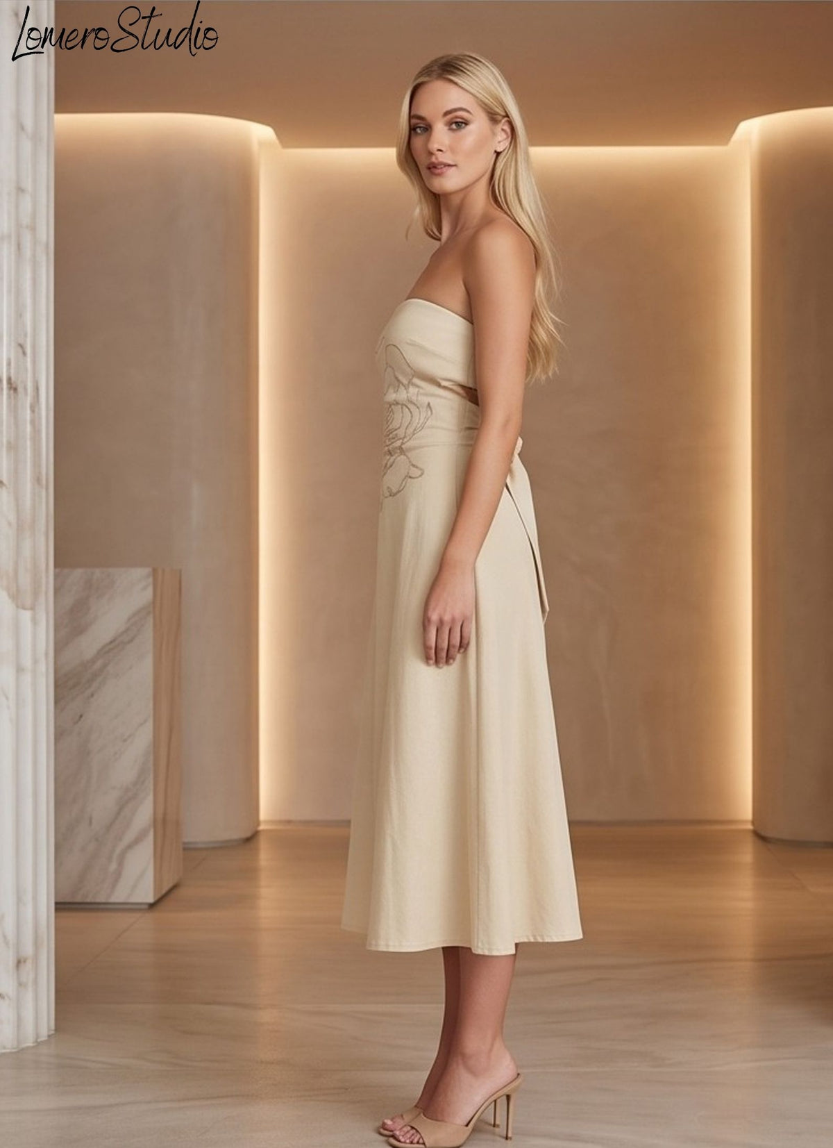 Strapless Linen Dress with Floral Lining, Breathable Midi for Summer Brunch