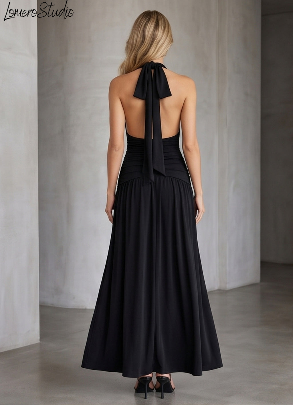 Sexy Summer Halter Dress with High Slit, Backless Ruched Evening Gown