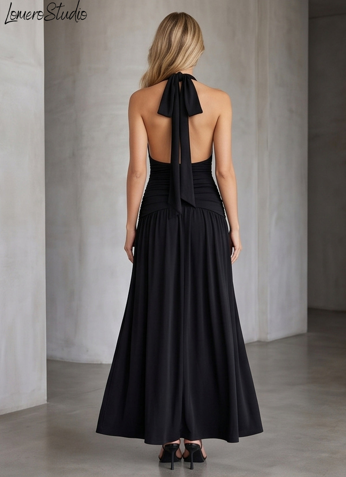 Sexy Summer Halter Dress with High Slit, Backless Ruched Evening Gown