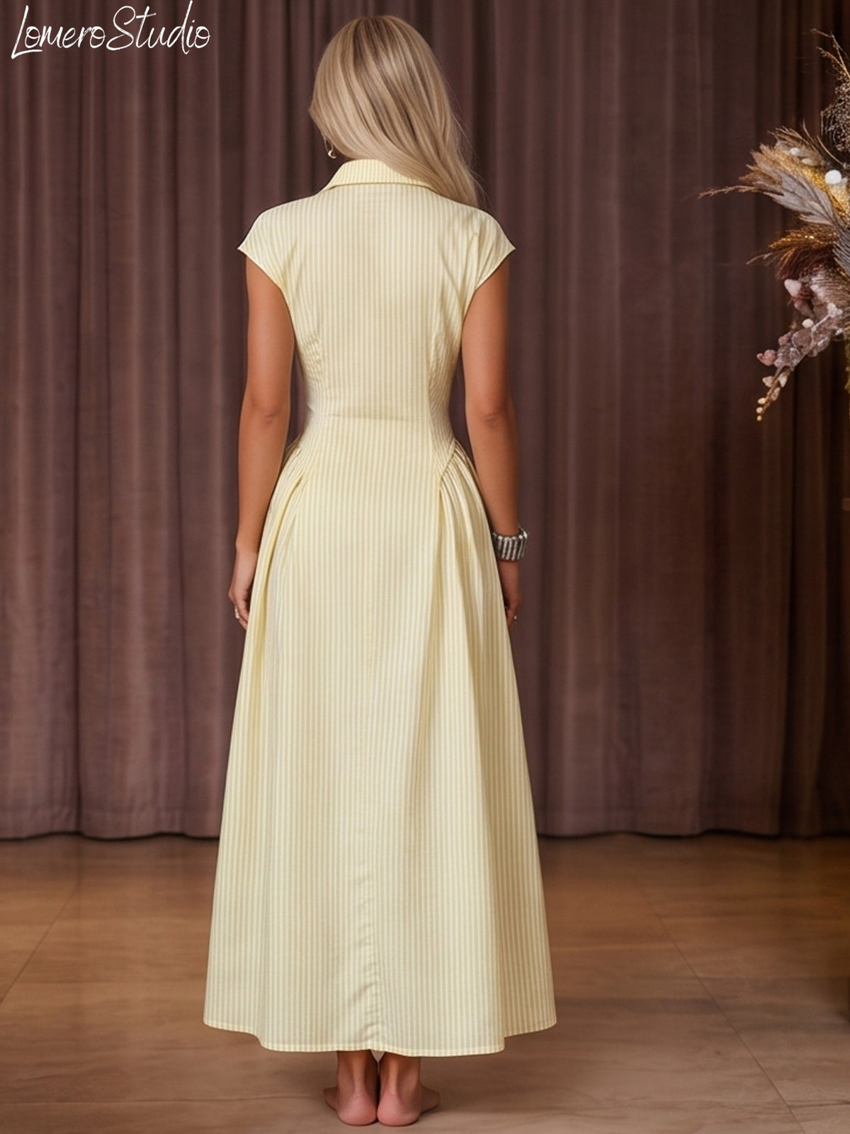 Trendy Cap Sleeve Maxi Dress for Women, Ruched Waist Collared Summer Dress, Casual Outfit
