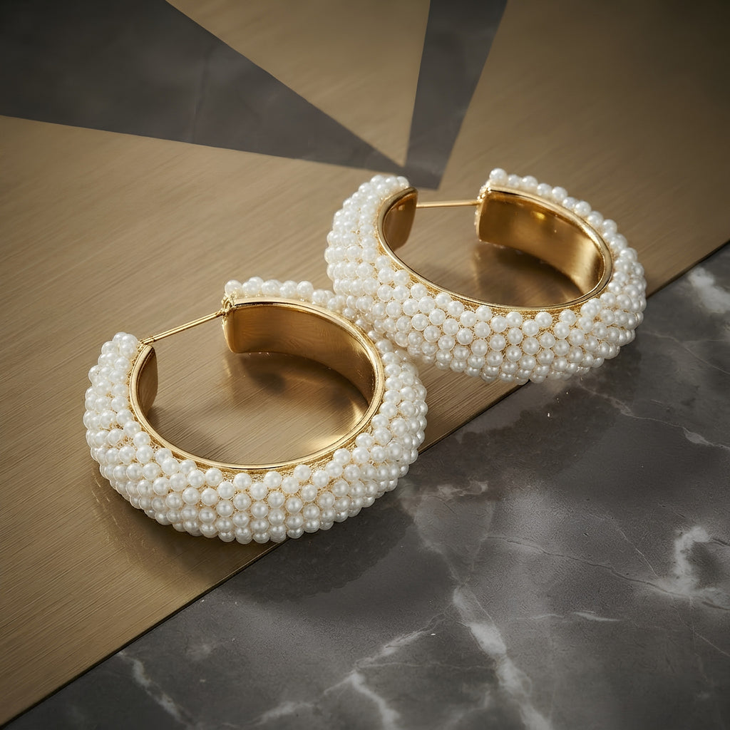 Pearl Encrusted Open Hoop Earrings, Thick Curved Silhouette | Clustered Texture