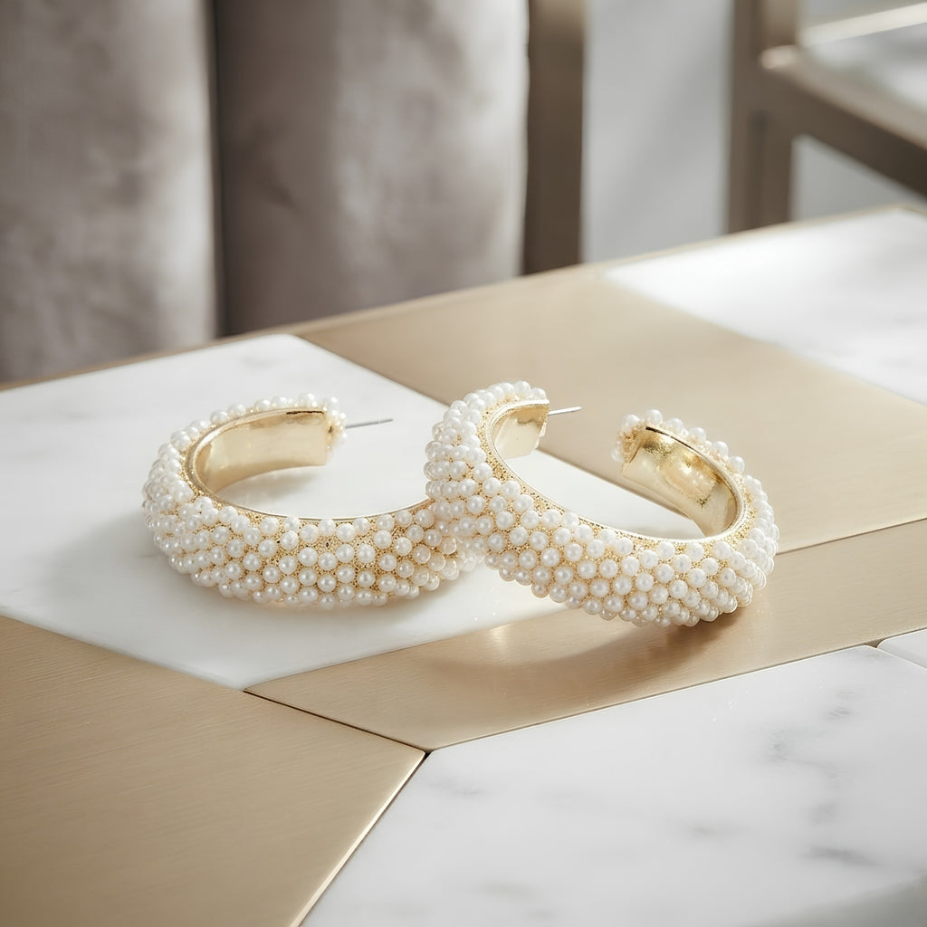 Pearl Encrusted Open Hoop Earrings, Thick Curved Silhouette | Clustered Texture