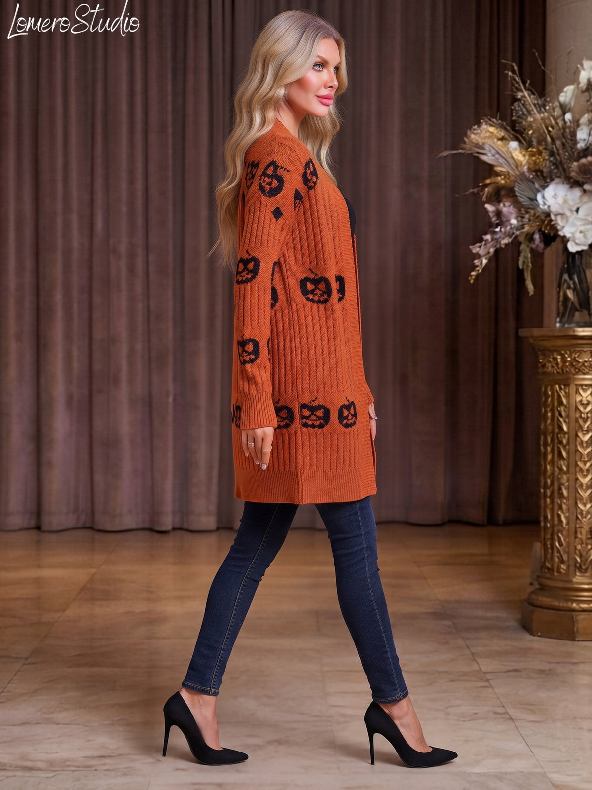 Halloween Pumpkin Cardigan, Open Front Sweater, Knit Cardigan for Women