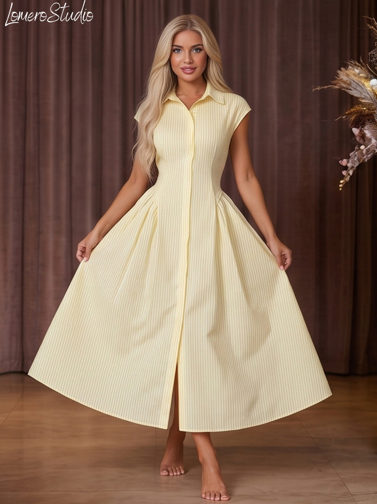 Trendy Cap Sleeve Maxi Dress for Women, Ruched Waist Collared Summer Dress, Casual Outfit