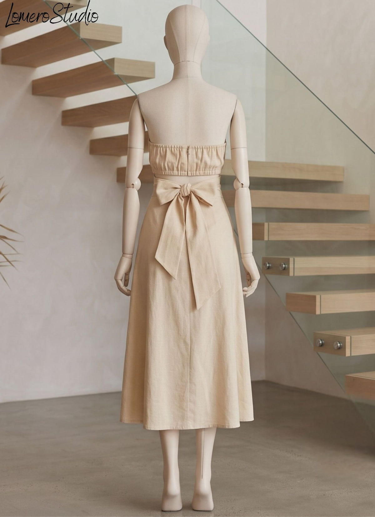 Strapless Linen Dress with Floral Lining, Breathable Midi for Summer Brunch