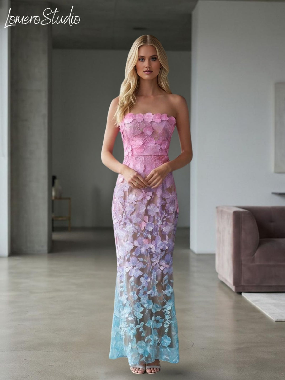 Unique Strapless Floral Maxi Dress, Embroidered Summer Party Dress, Corset Mesh Evening Dress
