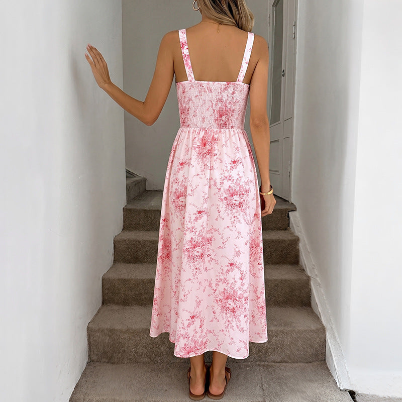Fresh Gentle Floral Smocking Sling Mid Length Dress