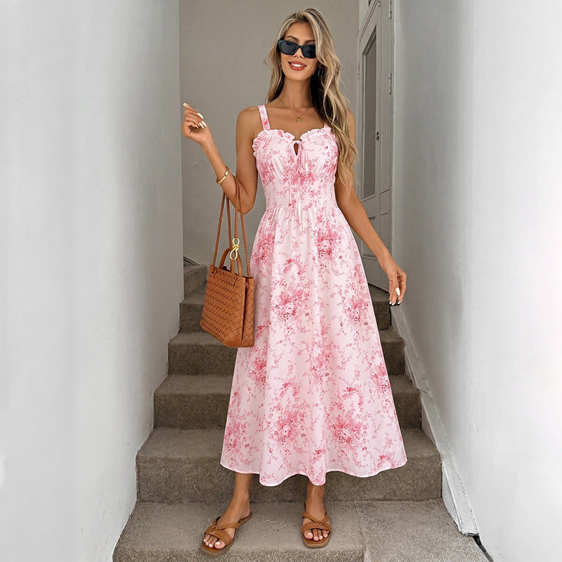 Fresh Gentle Floral Smocking Sling Mid Length Dress