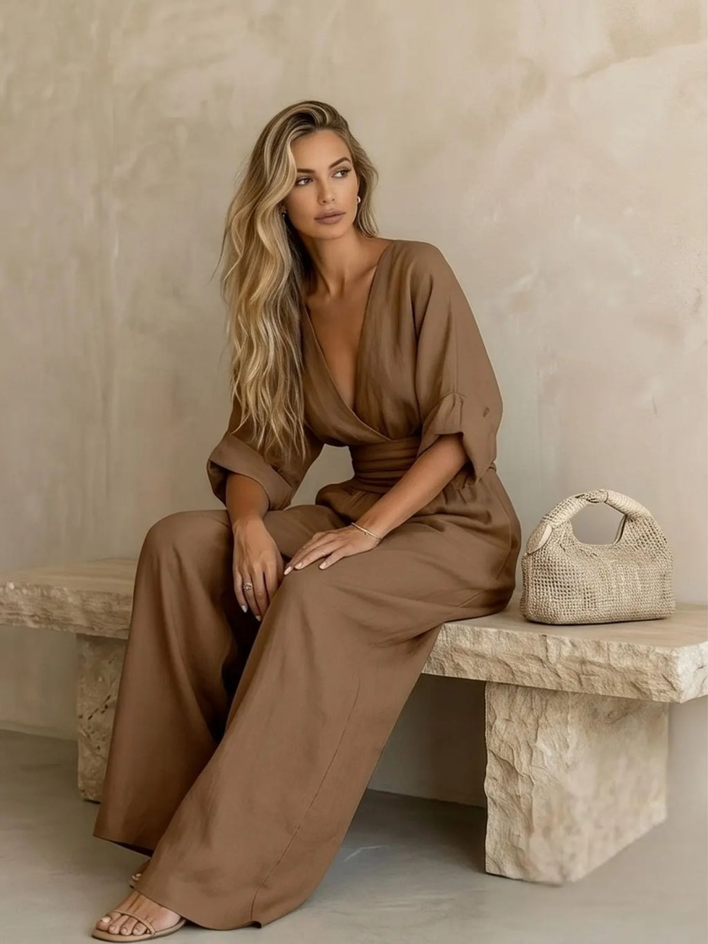 Unique V Neck Summer Jumpsuit | Wide Leg Casual Romper with Pockets for Women
