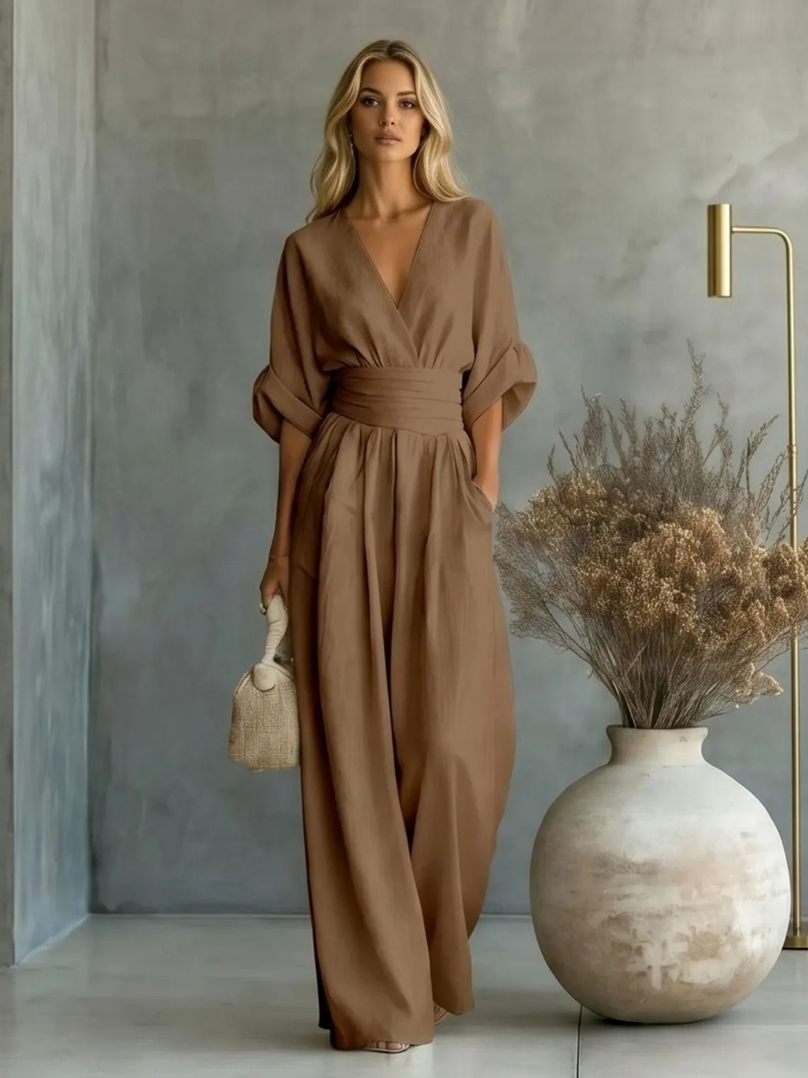 Unique V Neck Summer Jumpsuit | Wide Leg Casual Romper with Pockets for Women