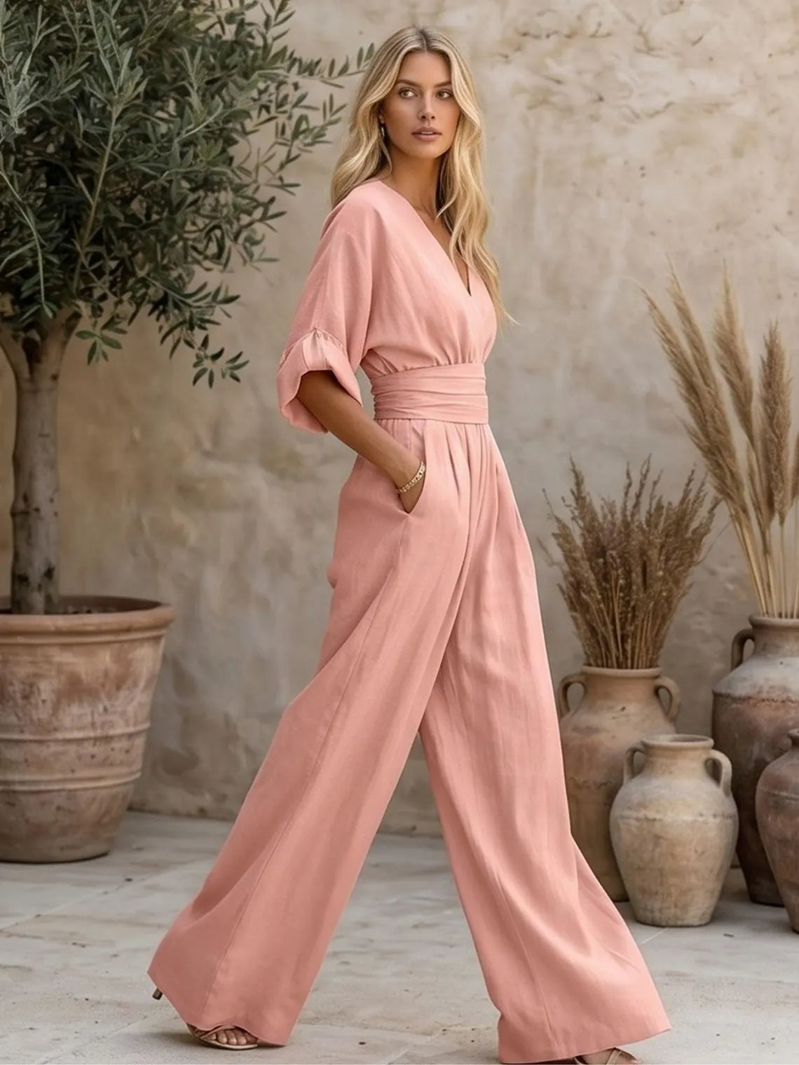 Unique V Neck Summer Jumpsuit | Wide Leg Casual Romper with Pockets for Women