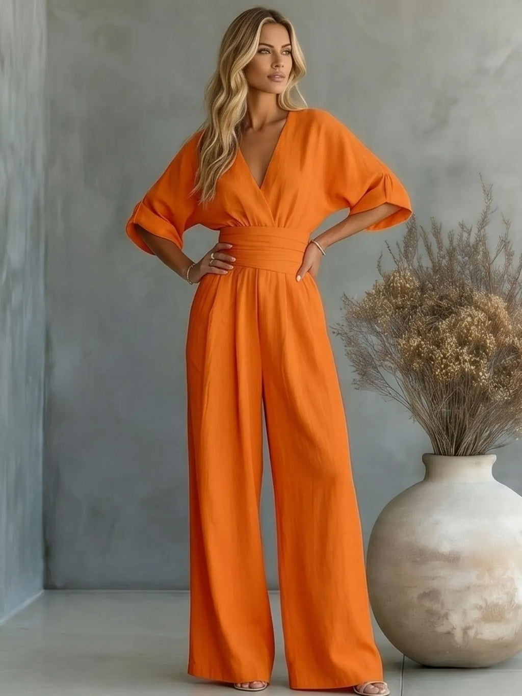Unique V Neck Summer Jumpsuit | Wide Leg Casual Romper with Pockets for Women