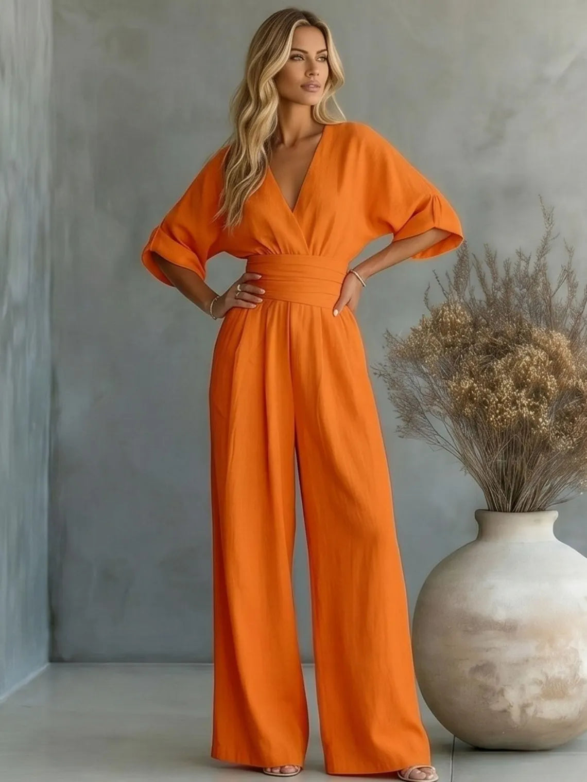 Unique V Neck Summer Jumpsuit | Wide Leg Casual Romper with Pockets for Women