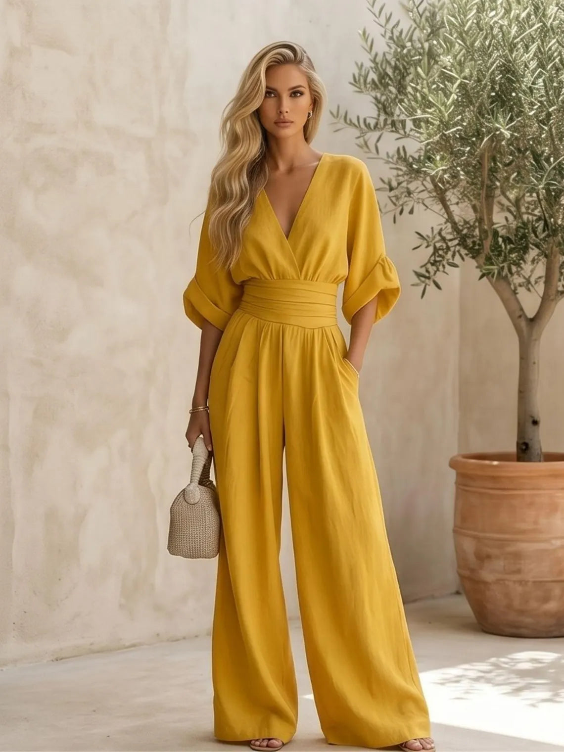 Unique V Neck Summer Jumpsuit | Wide Leg Casual Romper with Pockets for Women