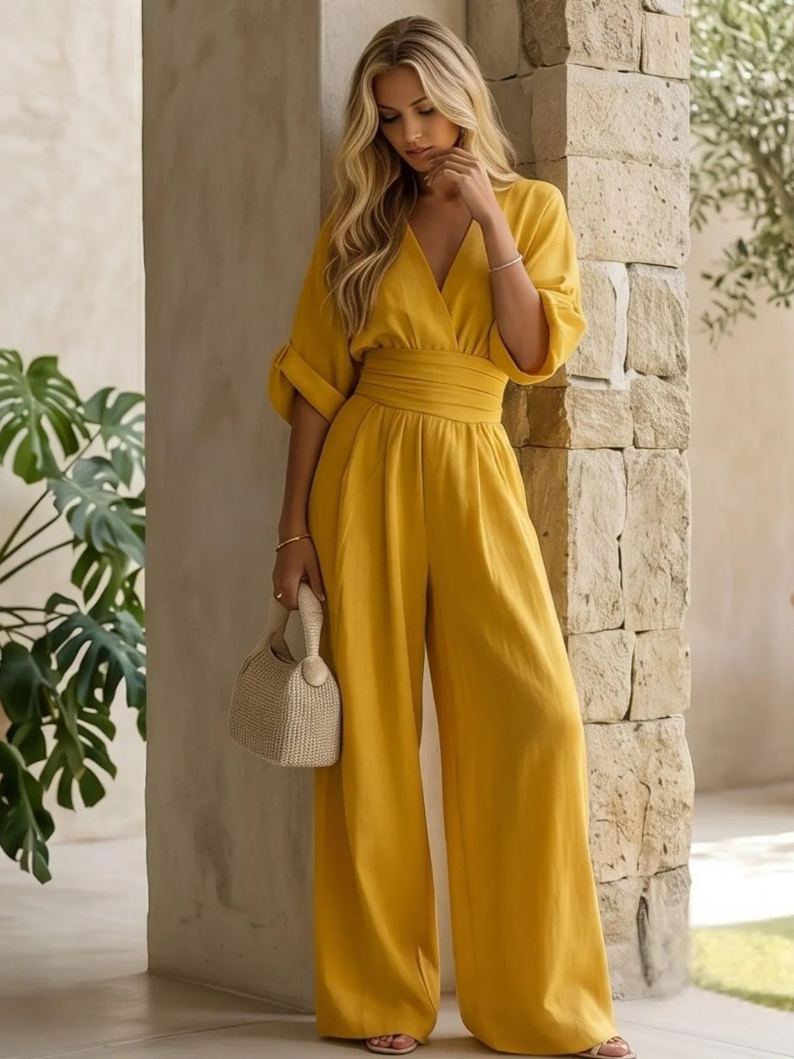 Unique V Neck Summer Jumpsuit | Wide Leg Casual Romper with Pockets for Women